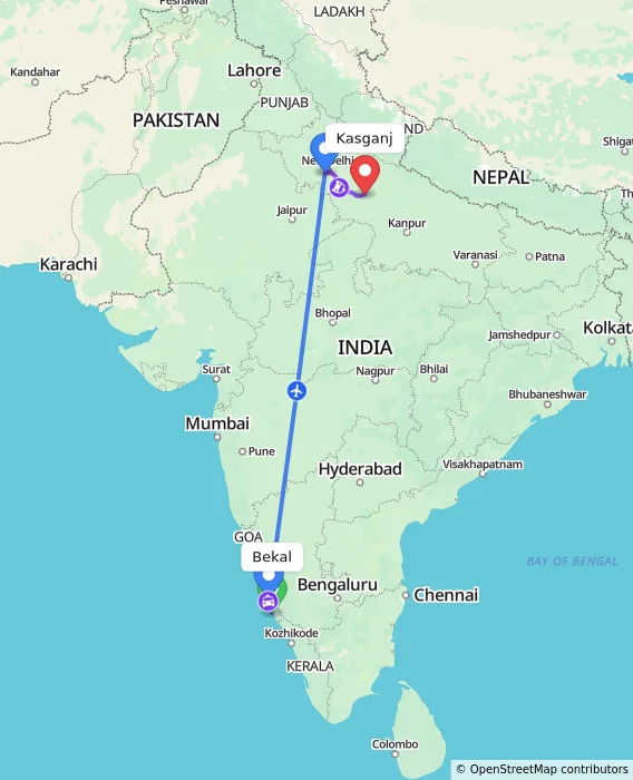 Route map showing distance and travel time from Bekal, India to Kasganj, India