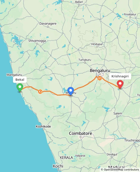 Route map showing distance and travel time from Bekal, India to Krishnagiri, India