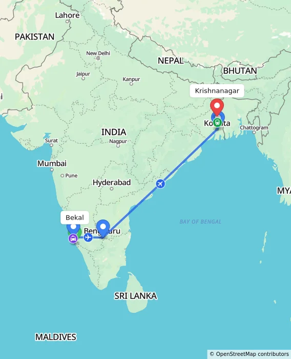 Route map showing distance and travel time from Bekal, India to Krishnanagar, India