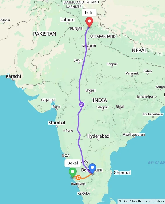 Route map showing distance and travel time from Bekal, India to Kufri, India