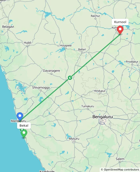 Route map showing distance and travel time from Bekal, India to Kurnool, India
