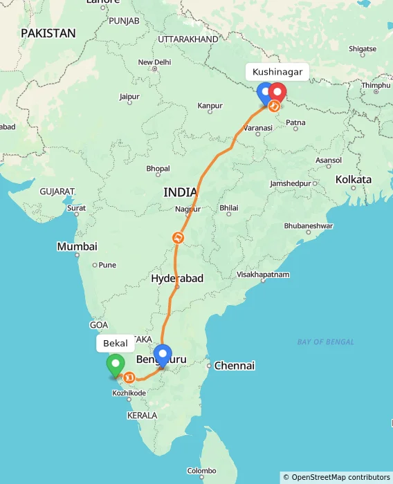 Route map showing distance and travel time from Bekal, India to Kushinagar, India
