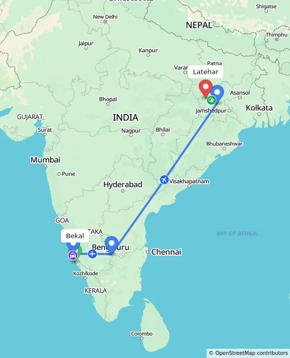 Route map showing distance and travel time from Bekal, India to Latehar, India
