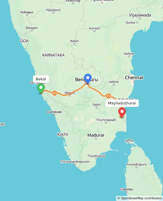 Route map showing distance and travel time from Bekal, India to Mayiladuthurai, India