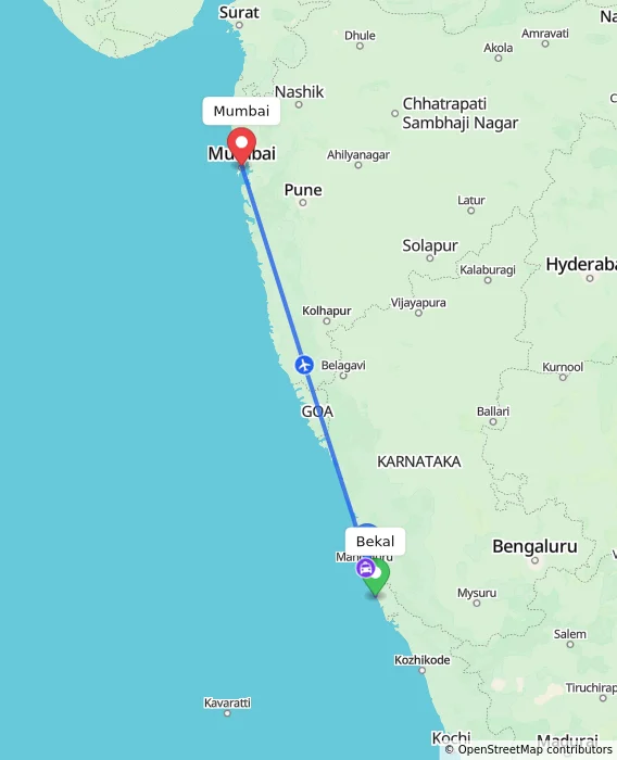 Route map showing distance and travel time from Bekal, India to Mumbai, India