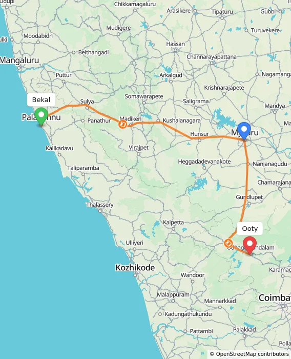 Route map showing distance and travel time from Bekal, India to Ooty, India