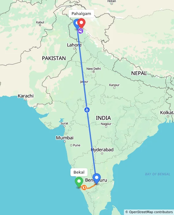 Route map showing distance and travel time from Bekal, India to Pahalgam, India
