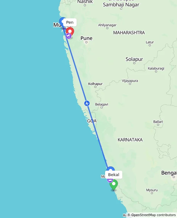 Route map showing distance and travel time from Bekal, India to Pen, India