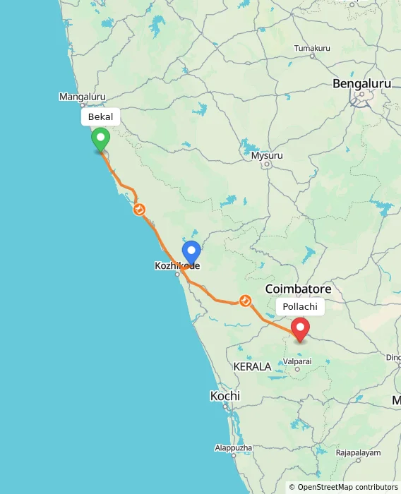 Route map showing distance and travel time from Bekal, India to Pollachi, India