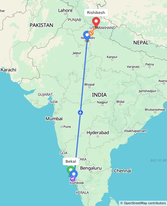 Route map showing distance and travel time from Bekal, India to Rishikesh, India