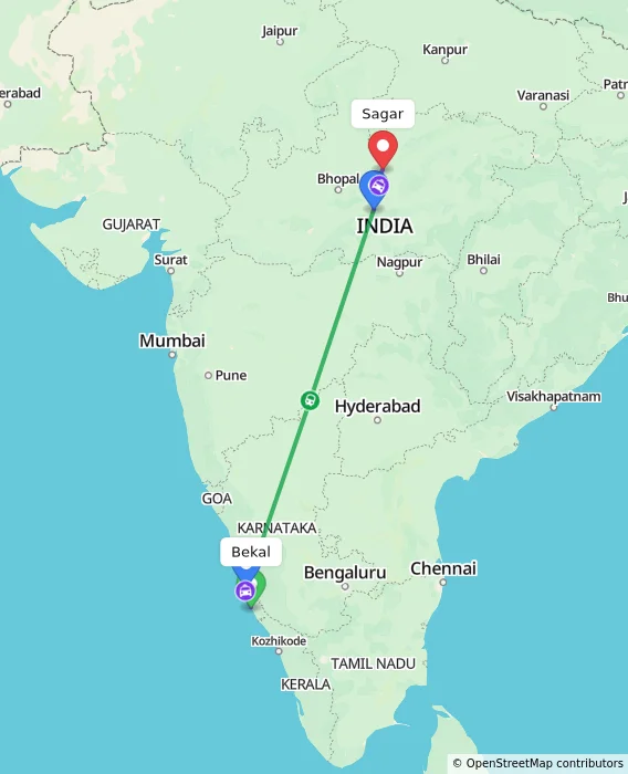 Route map showing distance and travel time from Bekal, India to Sagar, India
