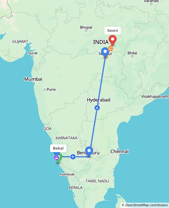 Route map showing distance and travel time from Bekal, India to Seoni, India