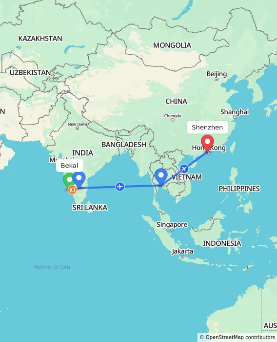 Route map showing distance and travel time from Bekal, India to Shenzhen, China