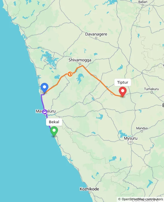 Route map showing distance and travel time from Bekal, India to Tiptur, India