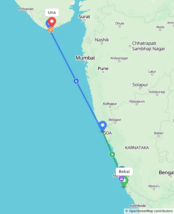 Route map showing distance and travel time from Bekal, India to Una, India
