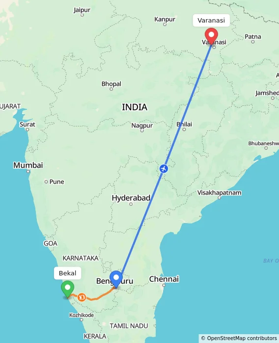 Route map showing distance and travel time from Bekal, India to Varanasi, India