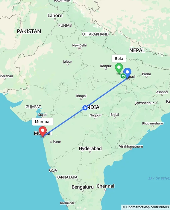 Route map showing distance and travel time from Bela, India to Mumbai, India