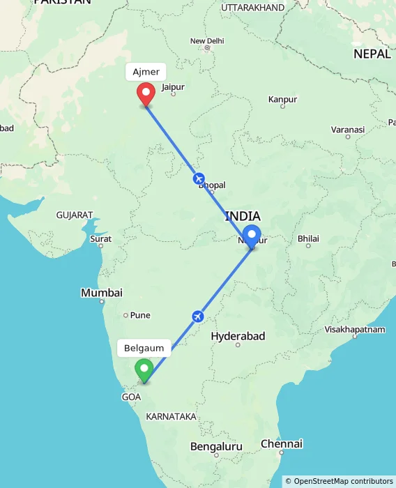 Route map showing distance and travel time from Belgaum, India to Ajmer, India
