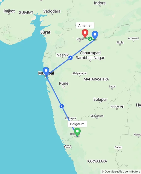 Route map showing distance and travel time from Belgaum, India to Amalner, India