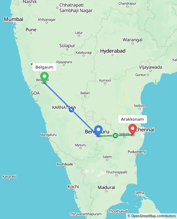 Route map showing distance and travel time from Belgaum, India to Arakkonam, India