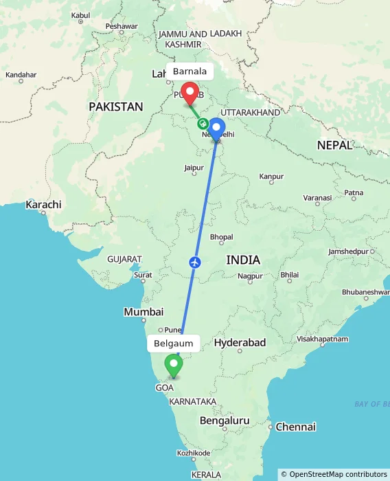Route map showing distance and travel time from Belgaum, India to Barnala, India