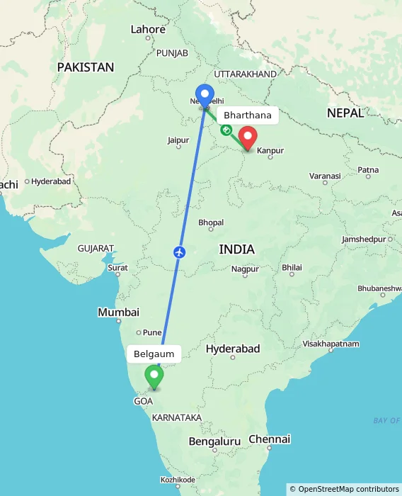 Route map showing distance and travel time from Belgaum, India to Bharthana, India
