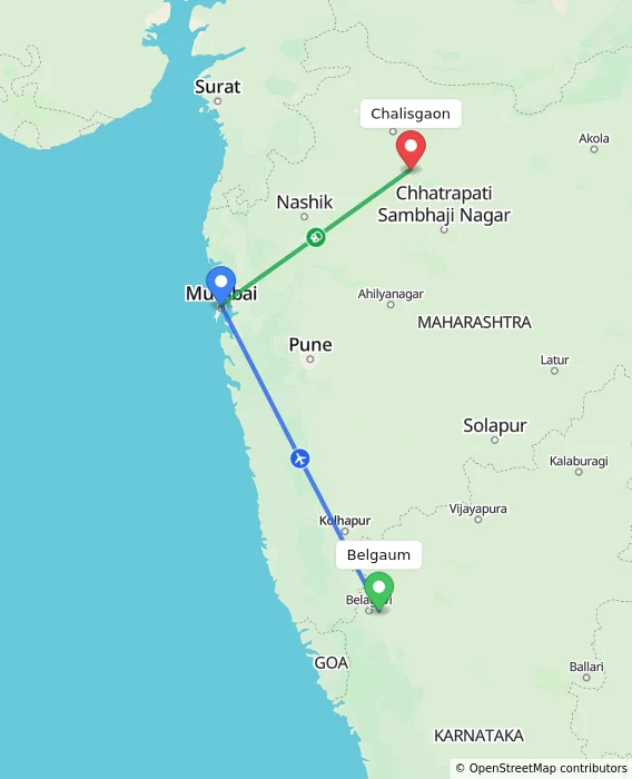 Route map showing distance and travel time from Belgaum, India to Chalisgaon, India