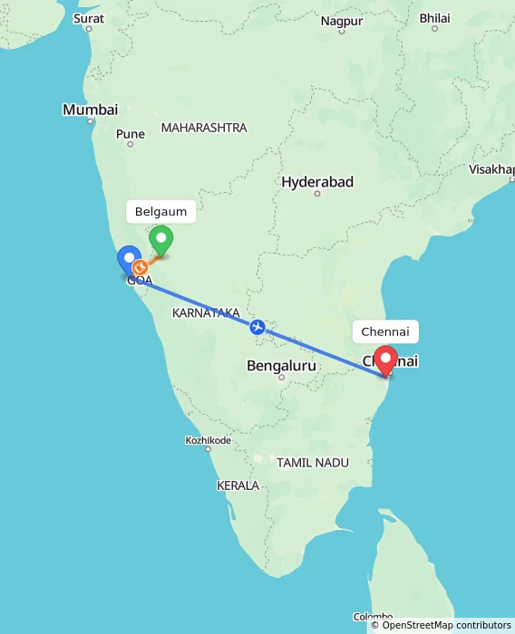 Route map showing distance and travel time from Belgaum, India to Chennai, India