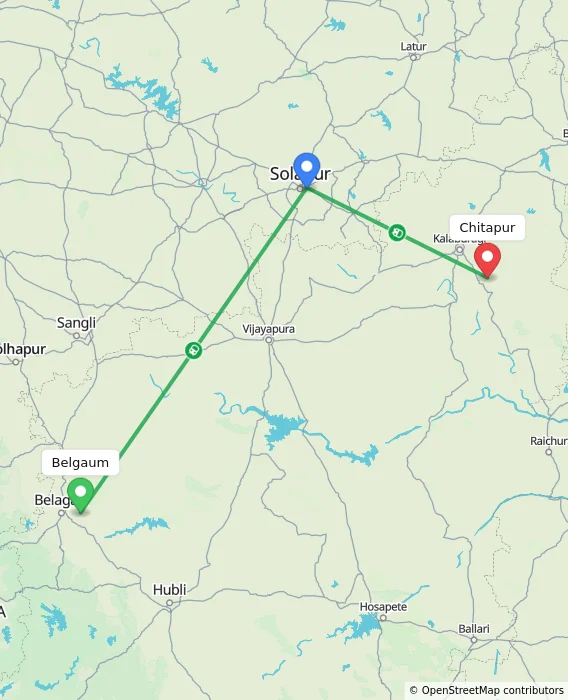 Route map showing distance and travel time from Belgaum, India to Chitapur, India