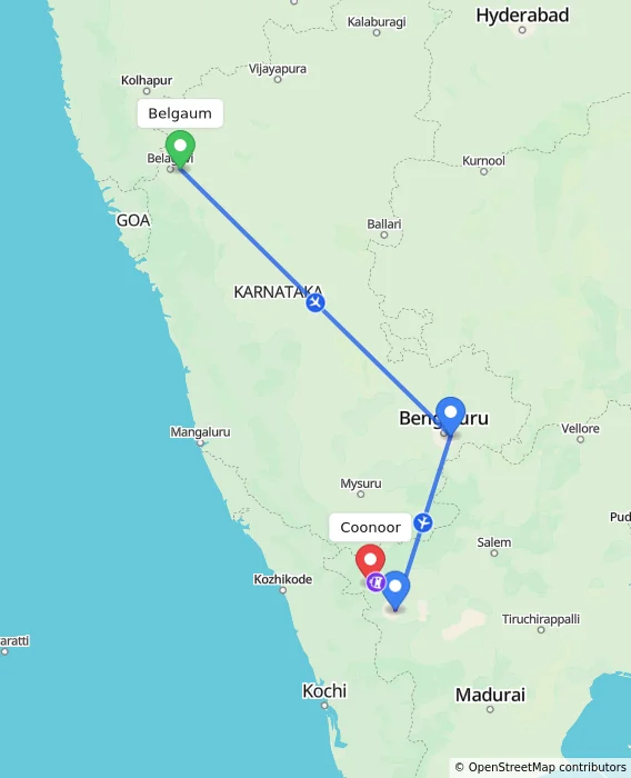 Route map showing distance and travel time from Belgaum, India to Coonoor, India