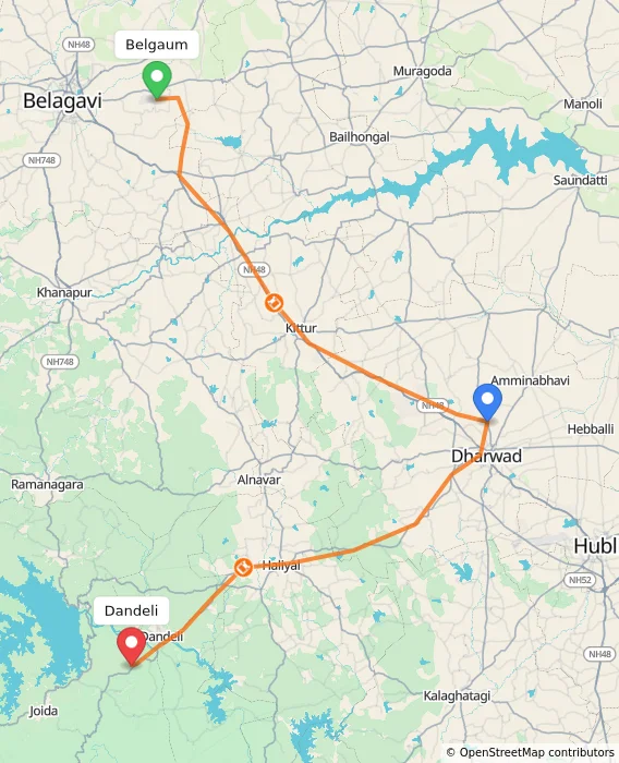Route map showing distance and travel time from Belgaum, India to Dandeli, India