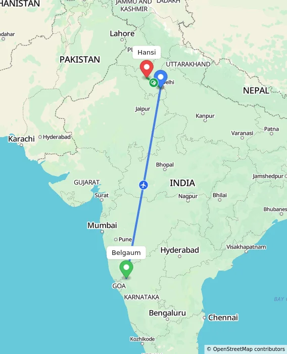 Route map showing distance and travel time from Belgaum, India to Hansi, India
