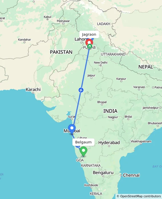 Route map showing distance and travel time from Belgaum, India to Jagraon, India