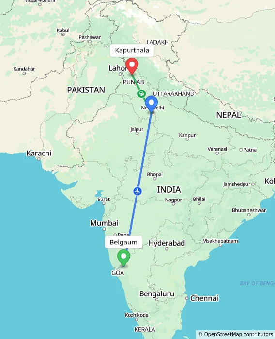 Route map showing distance and travel time from Belgaum, India to Kapurthala, India