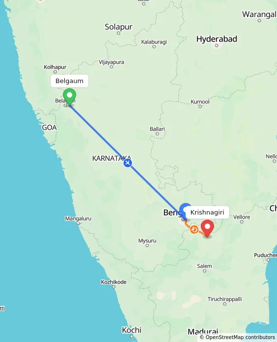 Route map showing distance and travel time from Belgaum, India to Krishnagiri, India
