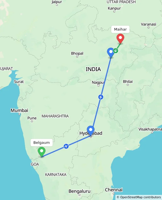 Route map showing distance and travel time from Belgaum, India to Maihar, India