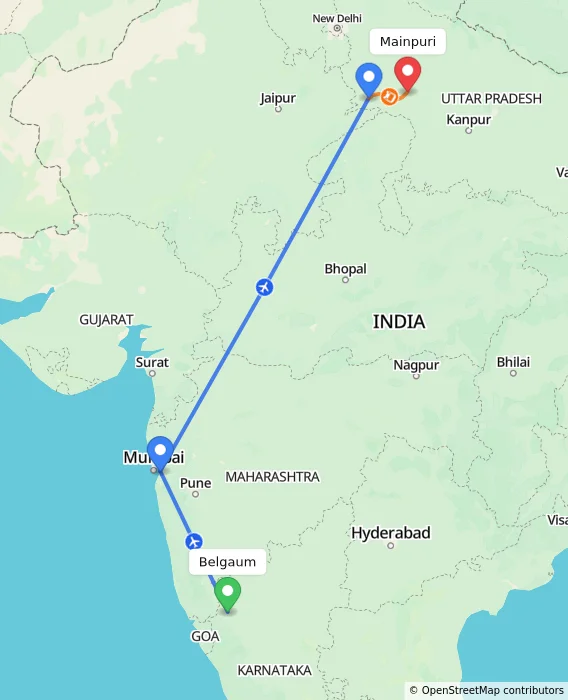 Route map showing distance and travel time from Belgaum, India to Mainpuri, India