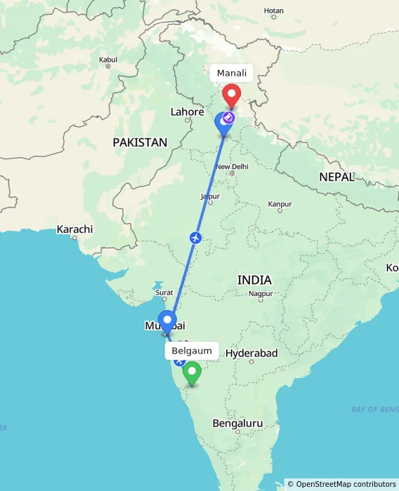Route map showing distance and travel time from Belgaum, India to Manali, India
