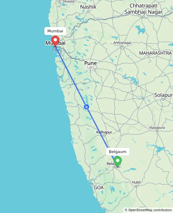 Route map showing distance and travel time from Belgaum, India to Mumbai, India