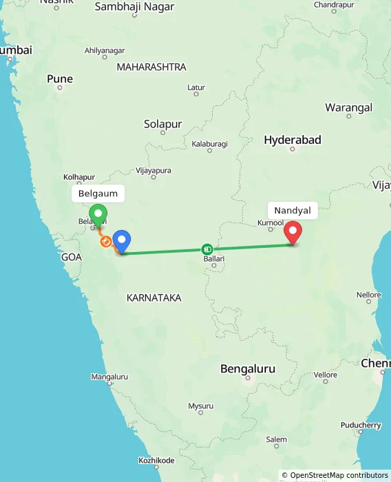 Route map showing distance and travel time from Belgaum, India to Nandyal, India