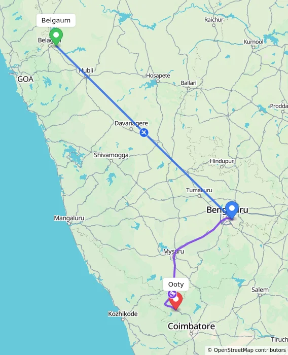 Route map showing distance and travel time from Belgaum, India to Ooty, India