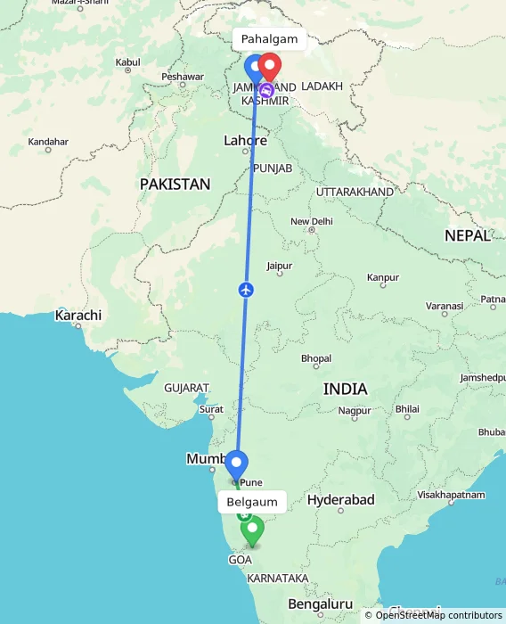 Route map showing distance and travel time from Belgaum, India to Pahalgam, India