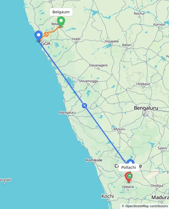 Route map showing distance and travel time from Belgaum, India to Pollachi, India