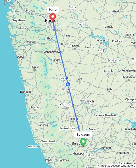Route map showing distance and travel time from Belgaum, India to Pune, India