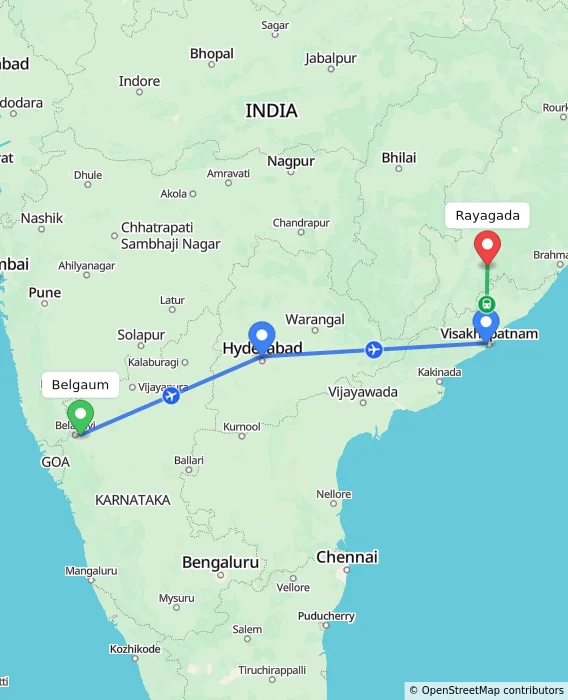 Route map showing distance and travel time from Belgaum, India to Rayagada, India