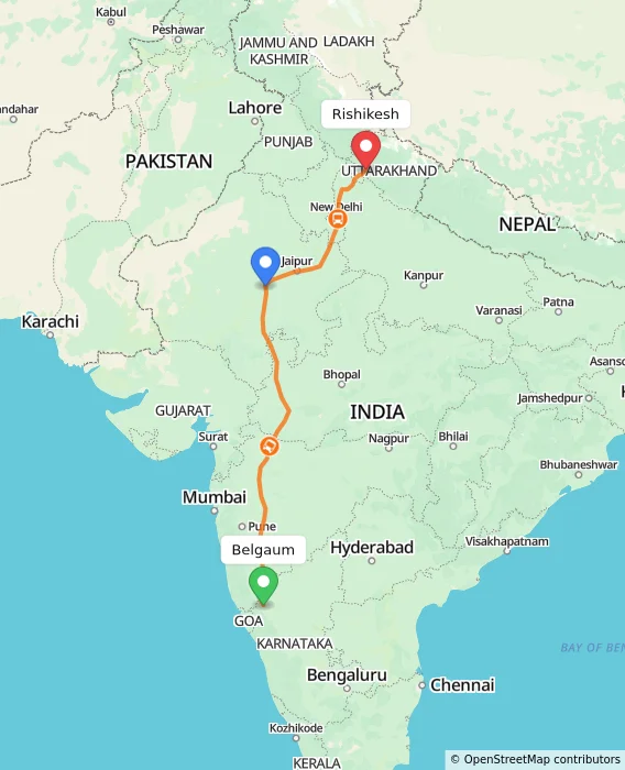 Route map showing distance and travel time from Belgaum, India to Rishikesh, India