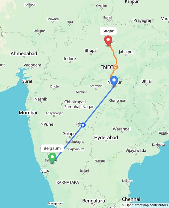 Route map showing distance and travel time from Belgaum, India to Sagar, India