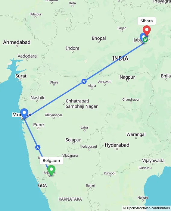 Route map showing distance and travel time from Belgaum, India to Sihora, India