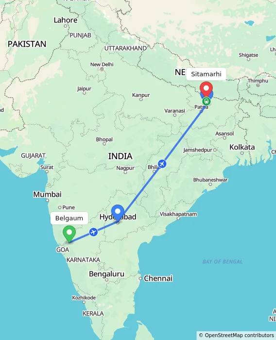 Route map showing distance and travel time from Belgaum, India to Sitamarhi, India