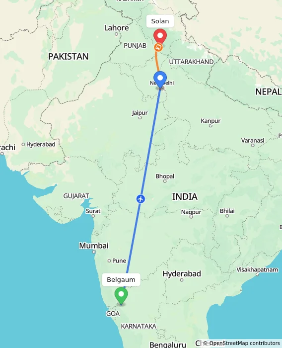 Route map showing distance and travel time from Belgaum, India to Solan, India